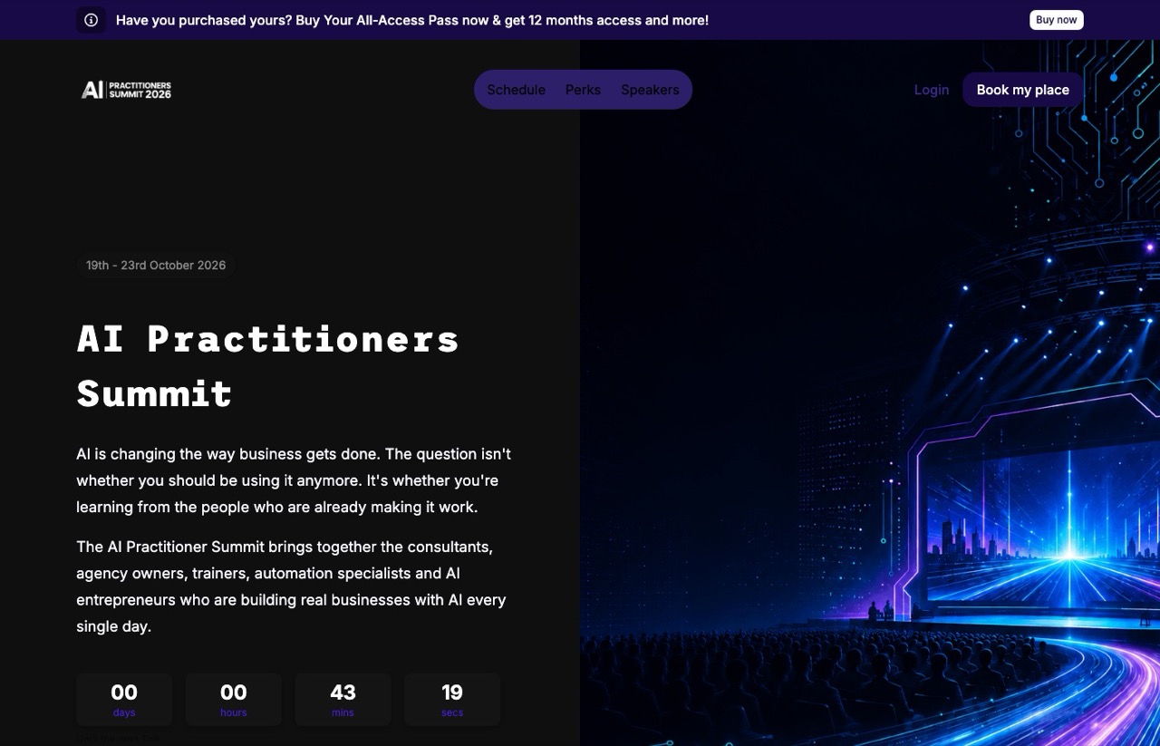 Best AI conferences: AI Practitioner Summit 2026 homepage showing October 19-23 dates