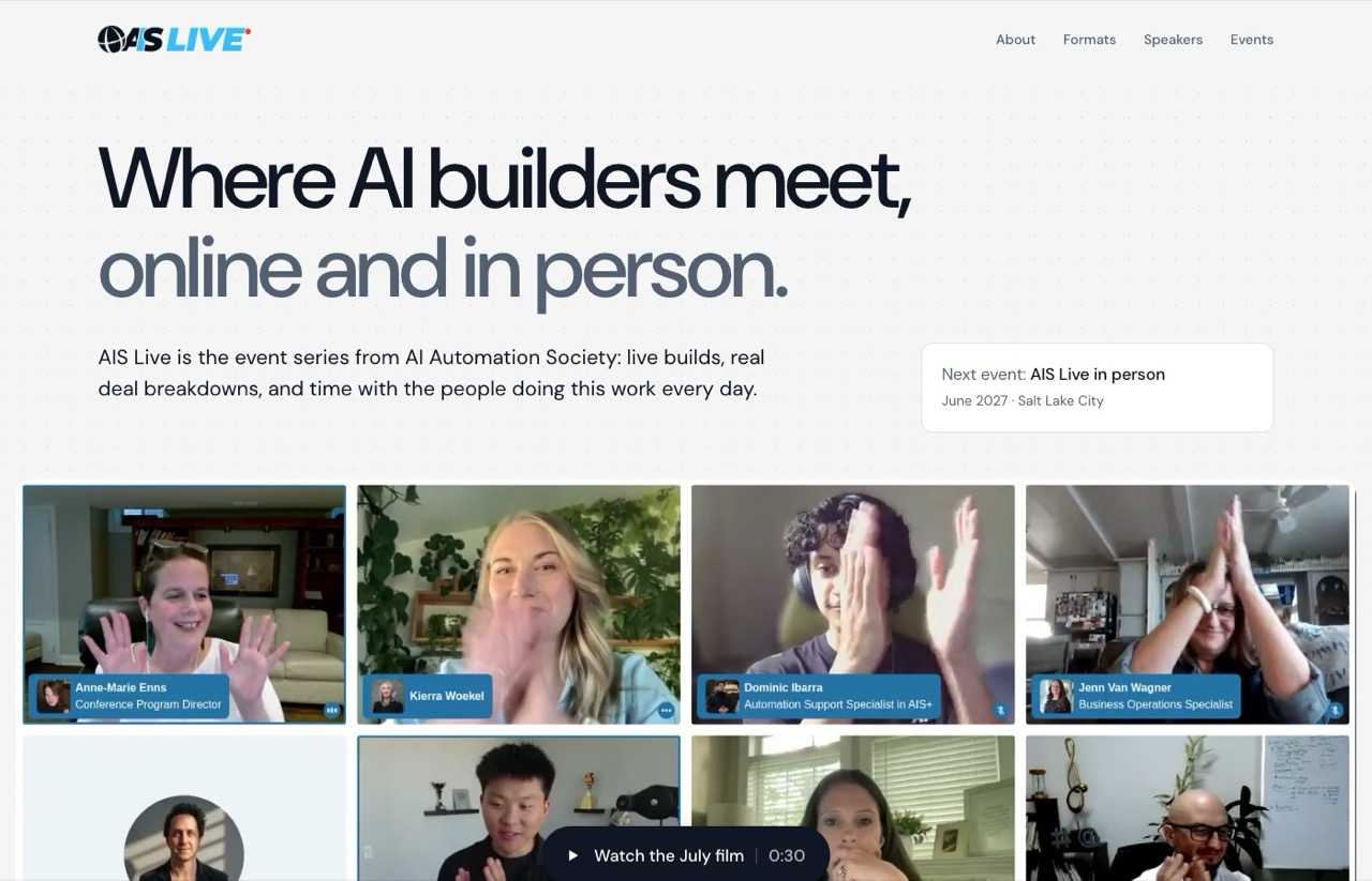 AIS Live homepage from AI Automation Society, where AI builders meet online and in person