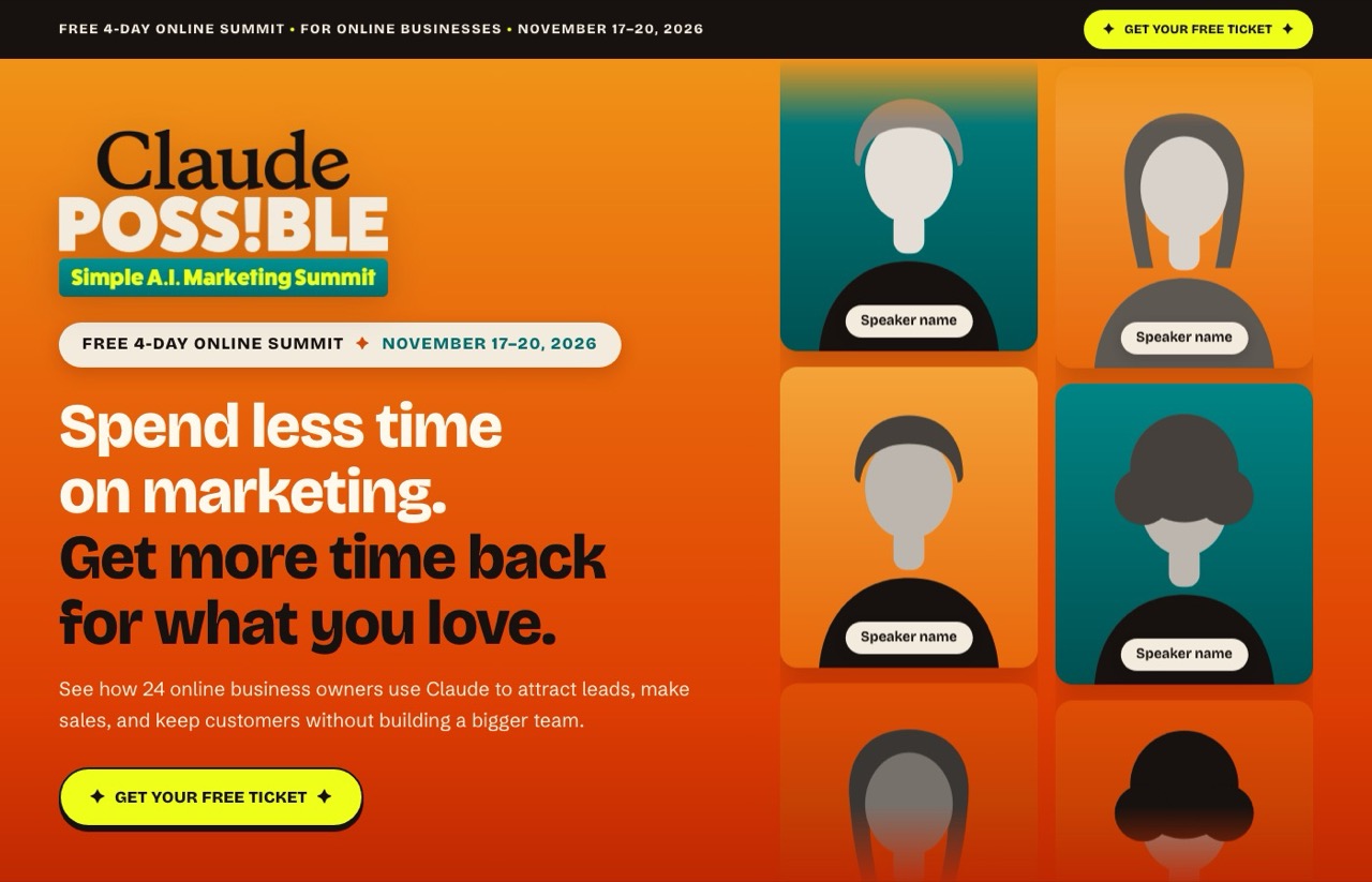 Claude Possible Simple AI Marketing Summit page, free 4-day online summit November 17-20, 2026