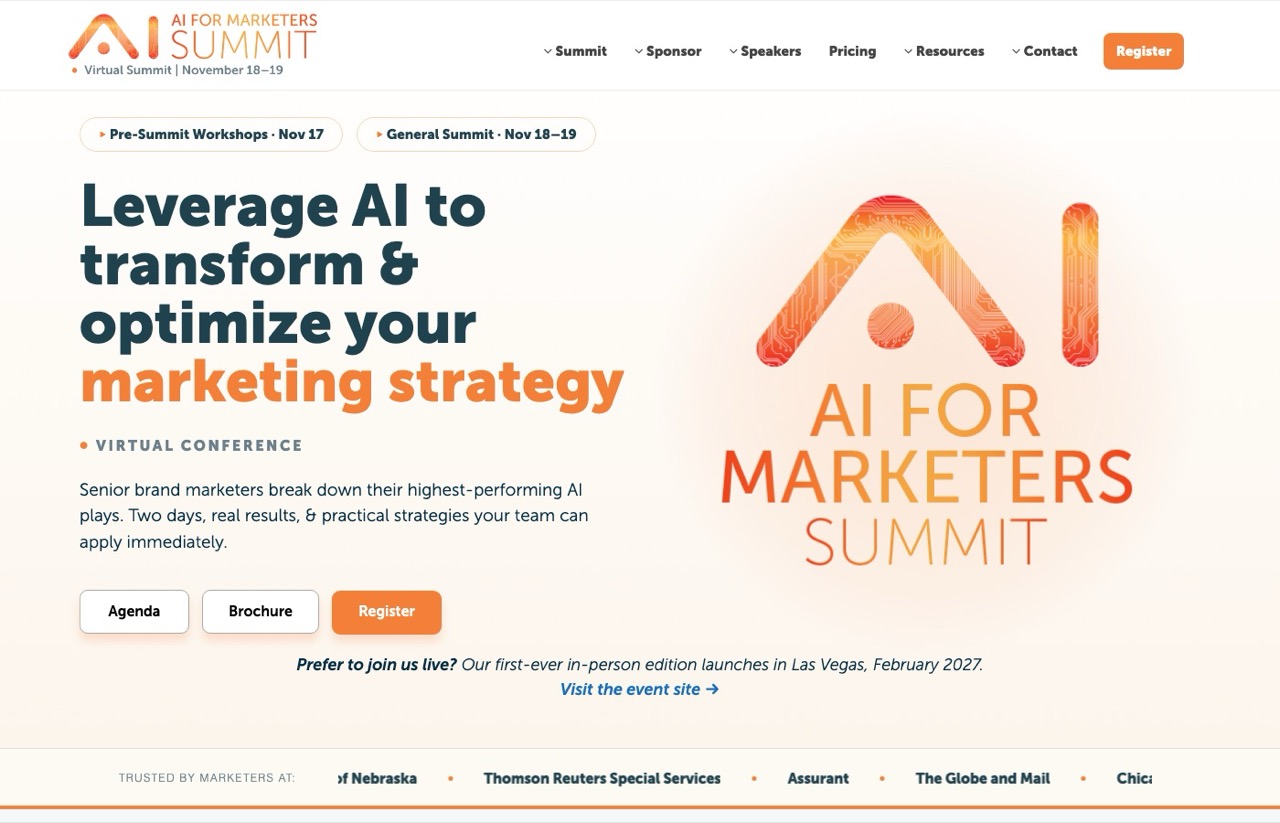 GSMI AI for Marketers Summit homepage, virtual summit November 18-19 with workshops November 17