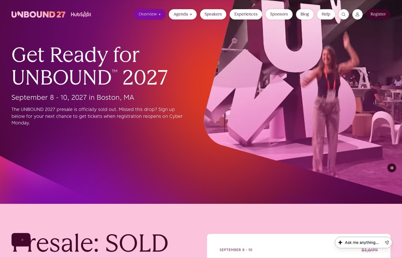 HubSpot UNBOUND 2027 homepage, September 8-10, 2027 in Boston
