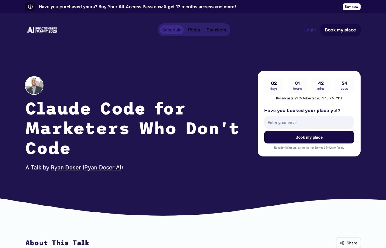 Ryan Doser's AI Practitioner Summit talk page, Claude Code for Marketers Who Don't Code