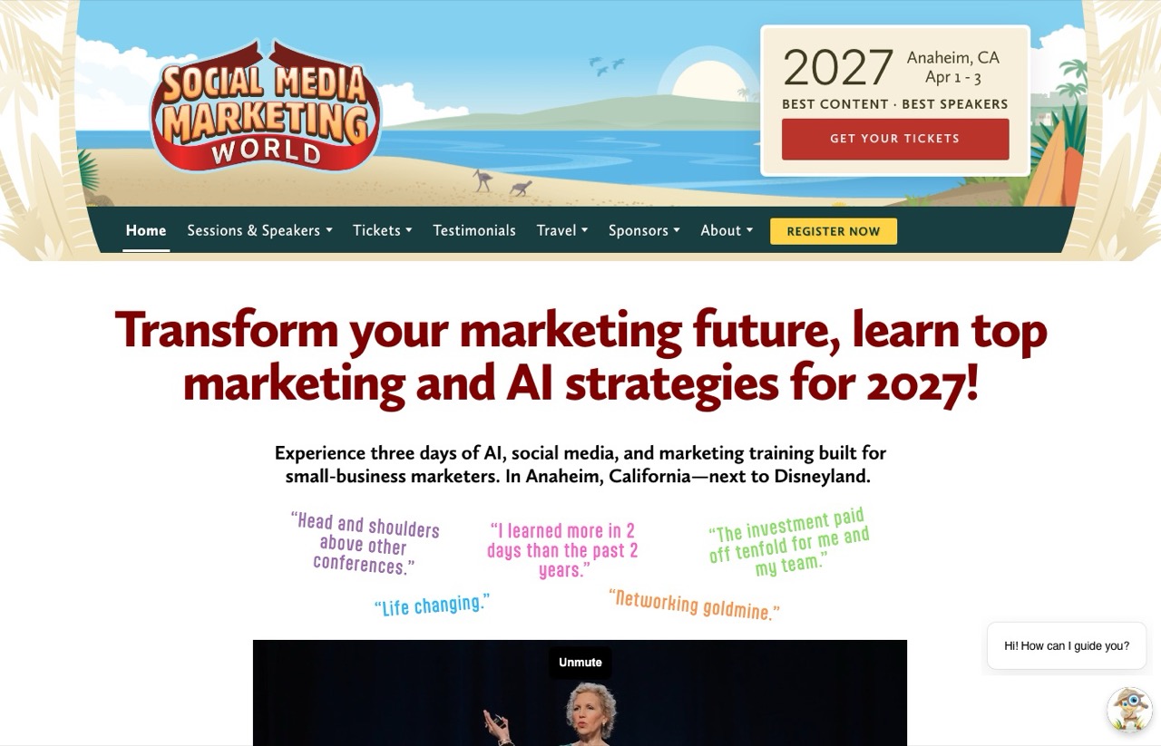 Social Media Marketing World 2027 page, Anaheim April 1-3, marketing and AI strategies