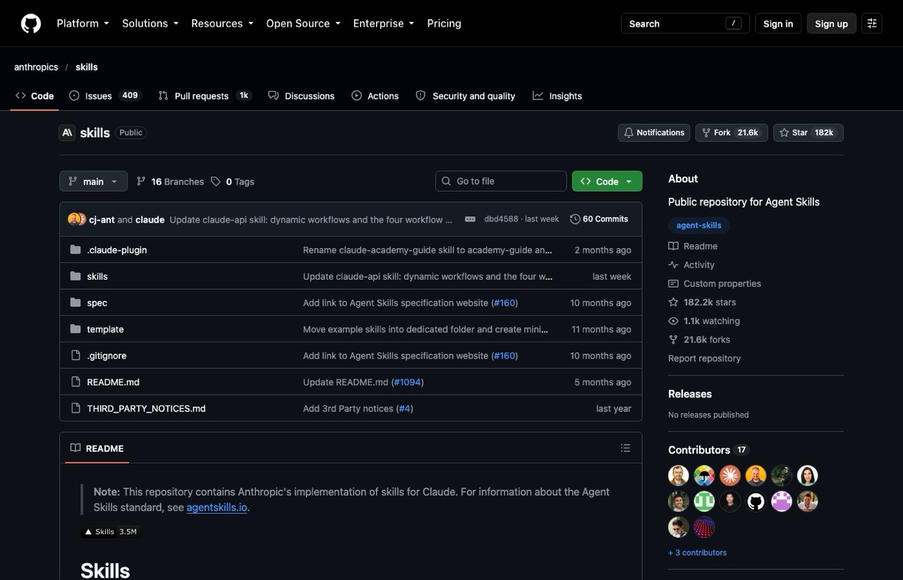 Anthropic skills repository on GitHub, the official free skills repo for Claude