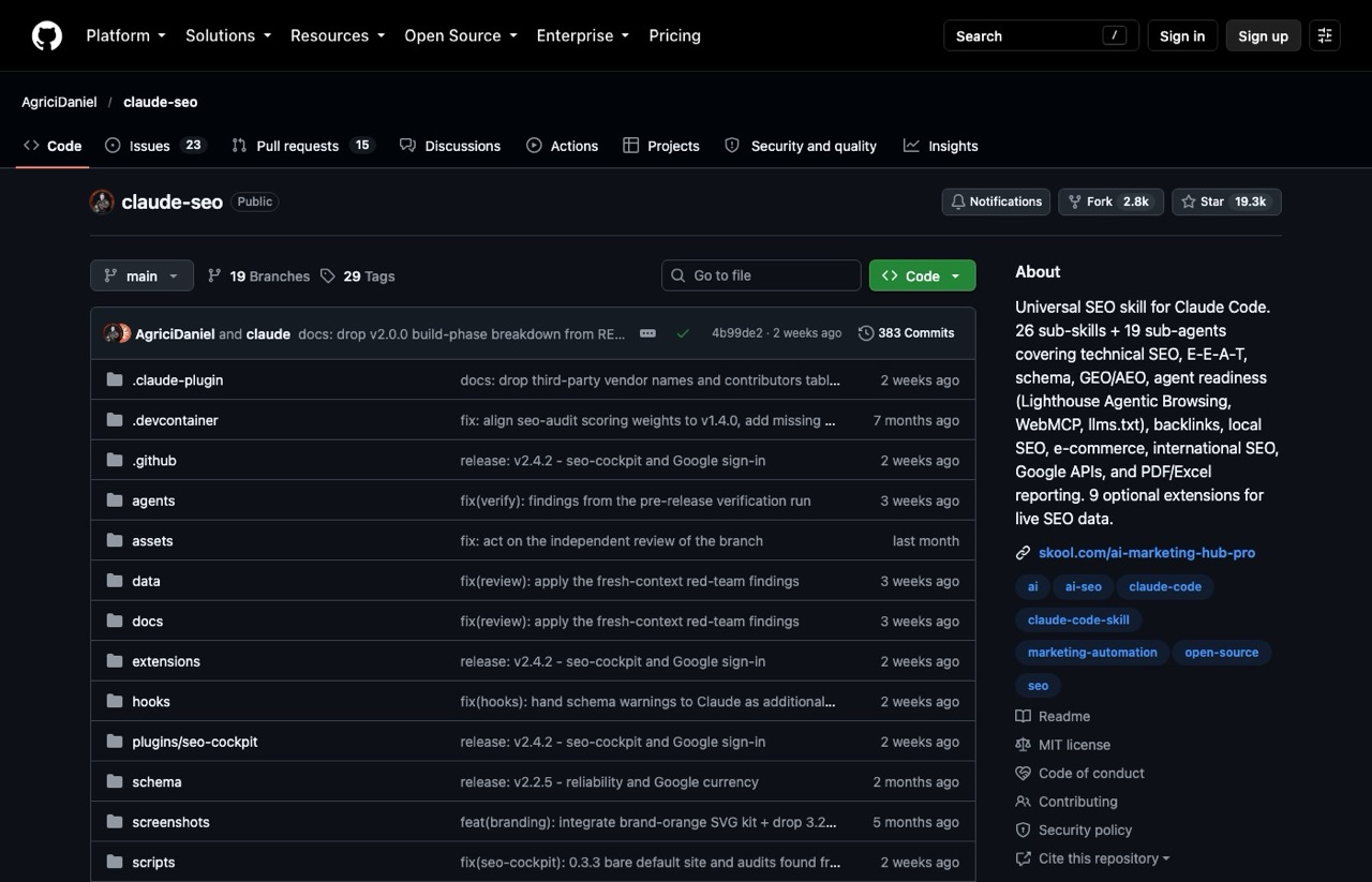 Claude SEO repository on GitHub, a free SEO audit plugin for marketing with Claude Code