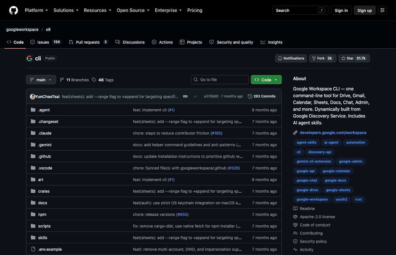 Google Workspace CLI repository on GitHub, a free GitHub repo for marketing teams using Drive
