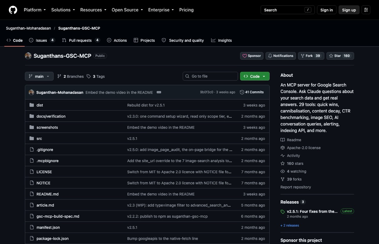 Suganthan Mohanadasan Google Search Console MCP repository on GitHub with 29 SEO tools