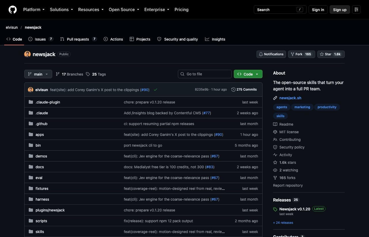 Newsjack repository on GitHub, open-source PR skills for marketing with AI agents