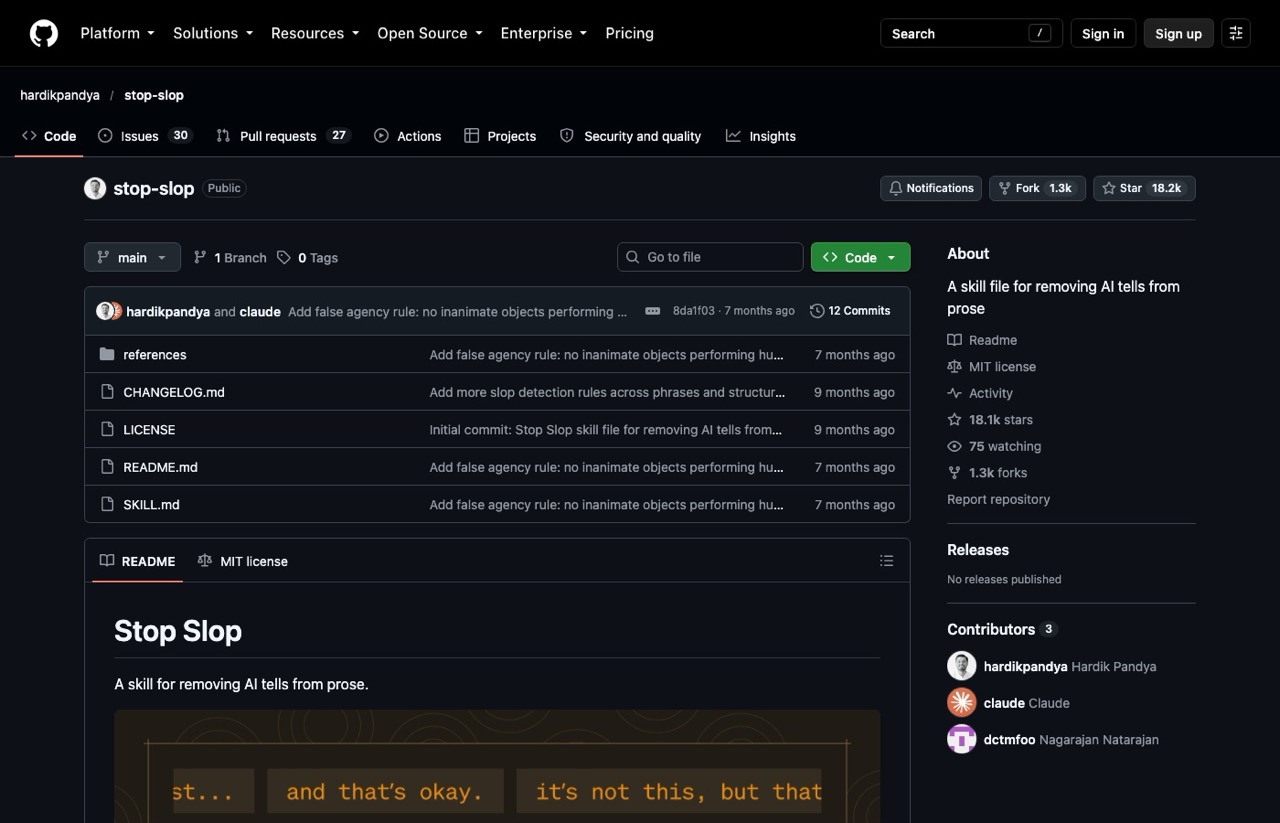 Stop Slop skill repository on GitHub for removing AI tells from marketing copy