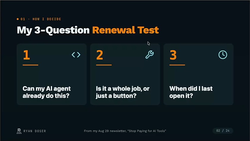 Build vs buy software renewal test slide with three questions about AI agents, jobs and usage
