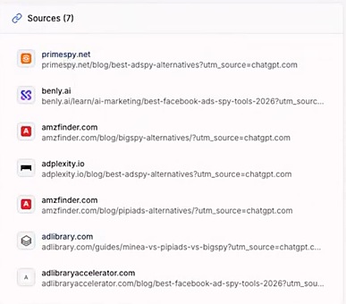 How to track AI visibility sources: seven pages cited in one ChatGPT answer, mostly listicles