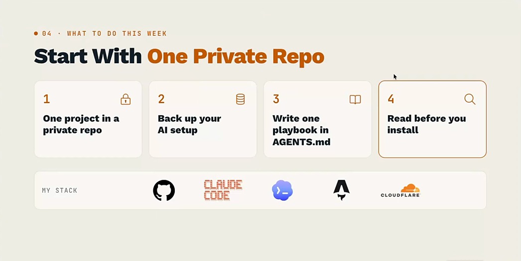 How to use GitHub first steps: one private repo, back up your AI setup, AGENTS.md playbook, read before install