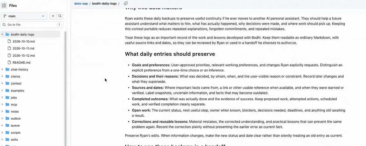 Private GitHub repo with Bodhi's dated daily log files and the guide for what each entry should preserve