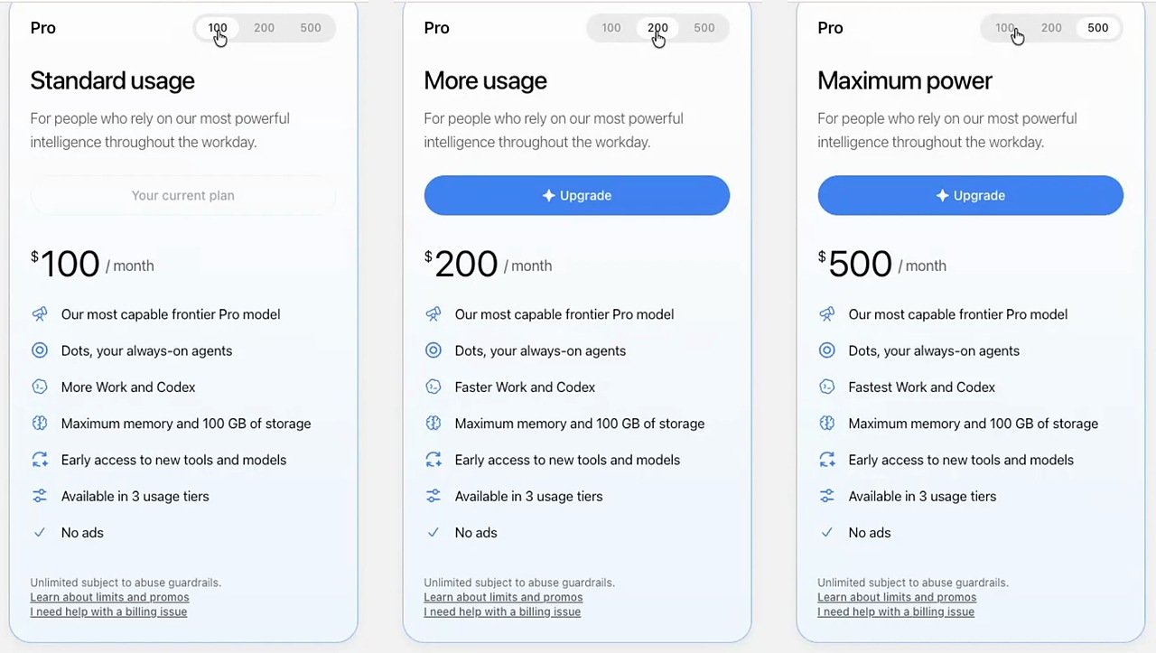 Is ChatGPT Pro worth it: the Pro 100, Pro 200 and Pro 500 upgrade cards side by side