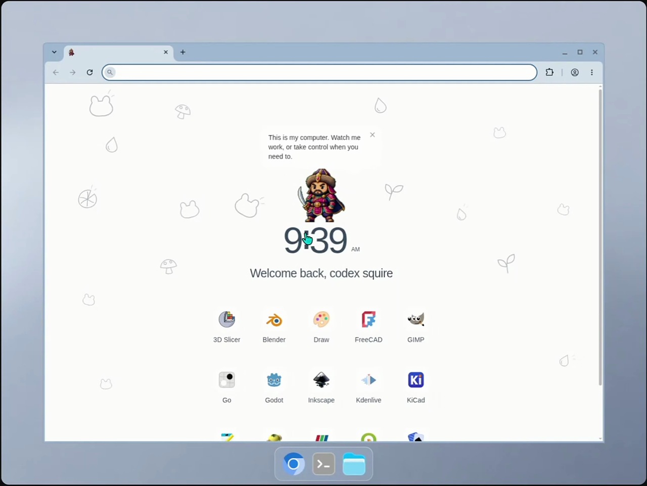 ChatGPT dots cloud computer desktop with Blender, GIMP, Inkscape and other apps installed