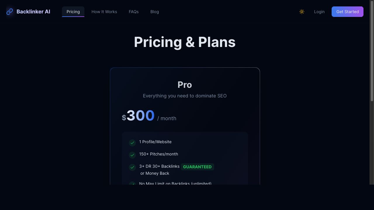 Backlinker AI pricing page showing Pro plan at 300 dollars per month with guaranteed DR 30 backlinks