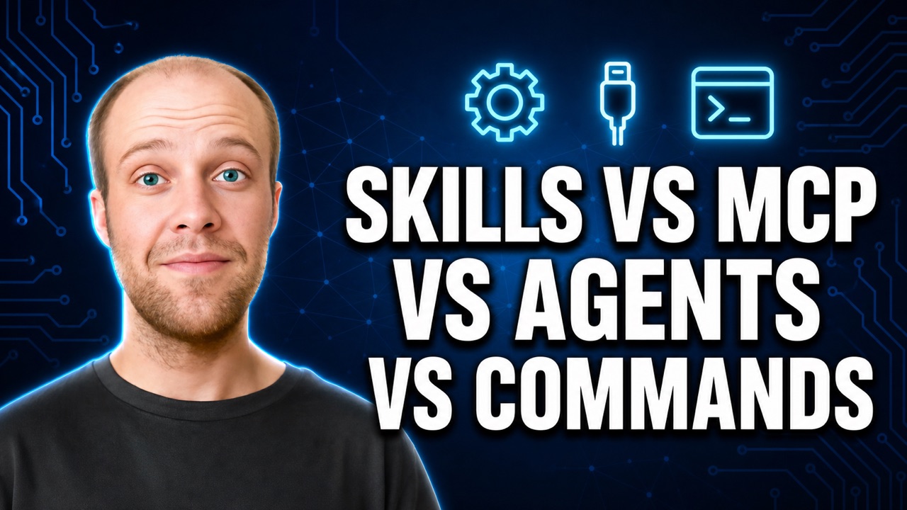 Claude Skills vs MCP vs agents vs commands featured image with Ryan Doser